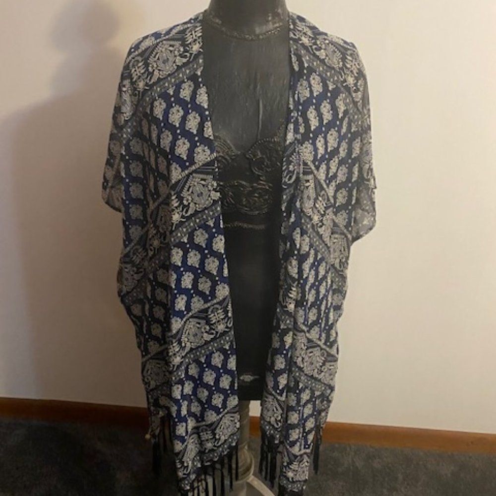 Talla Unica Blue/White cover-up shawl with fringes, size OS